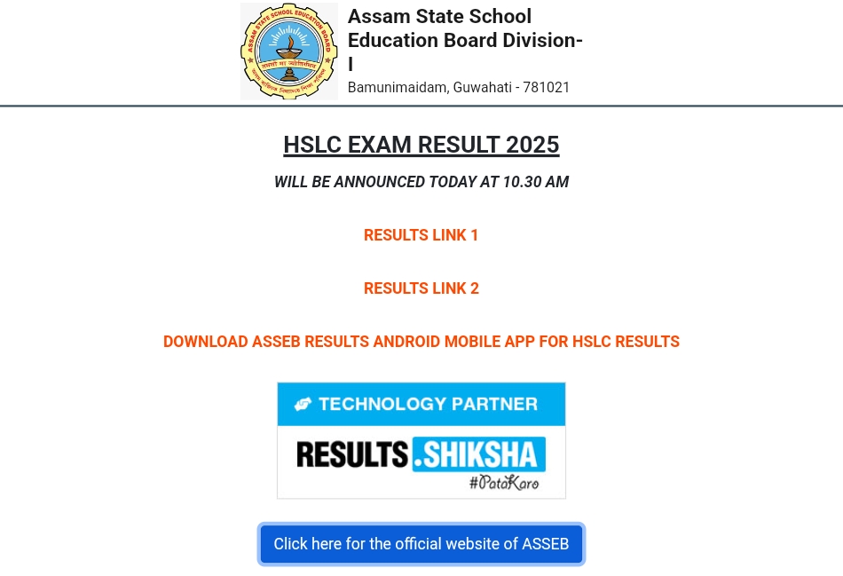 Assam HSLC Result 2025 Link
